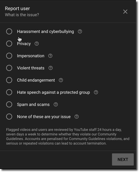 reporting user violating youtube guidelines
