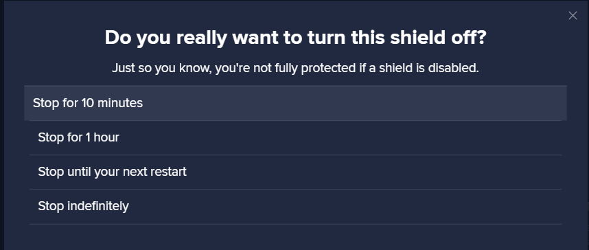 temporary turn off avast shield