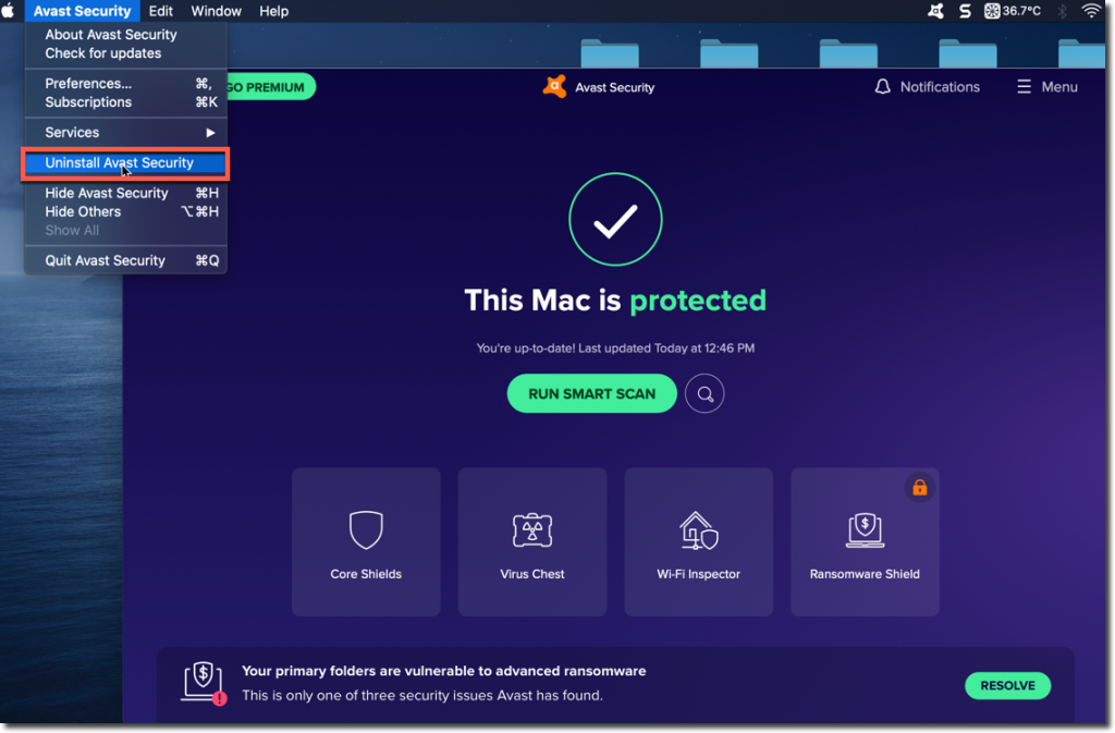 remove avast from mac bar