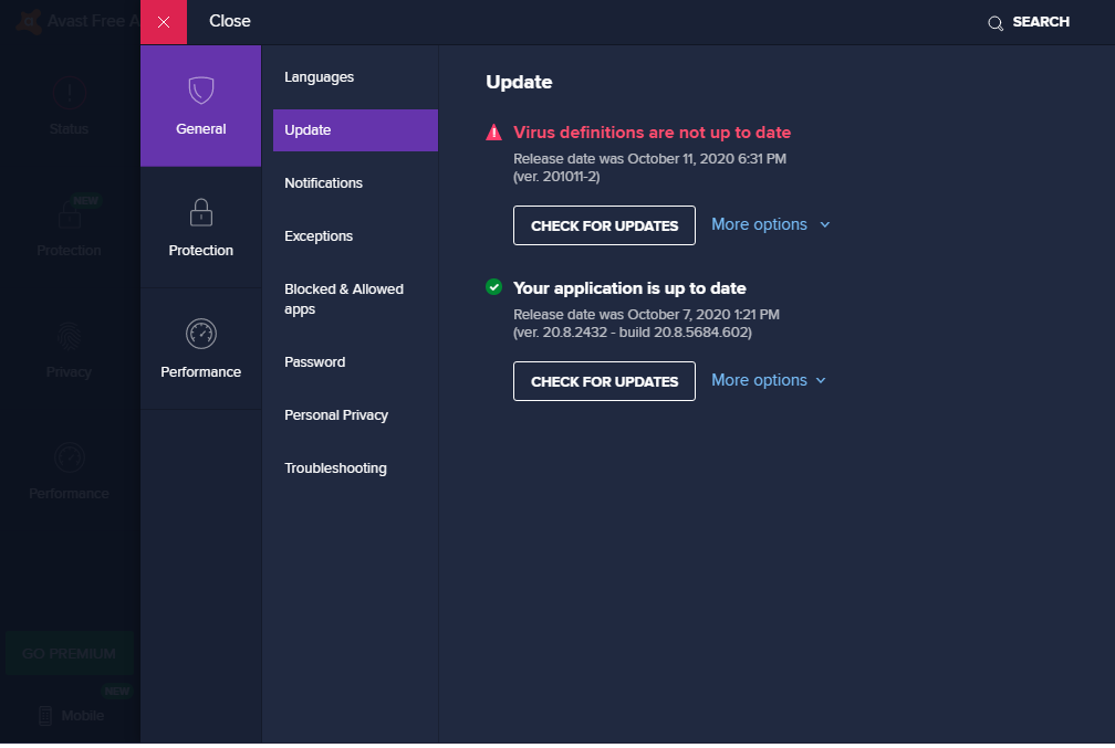 avast virus definition wont update